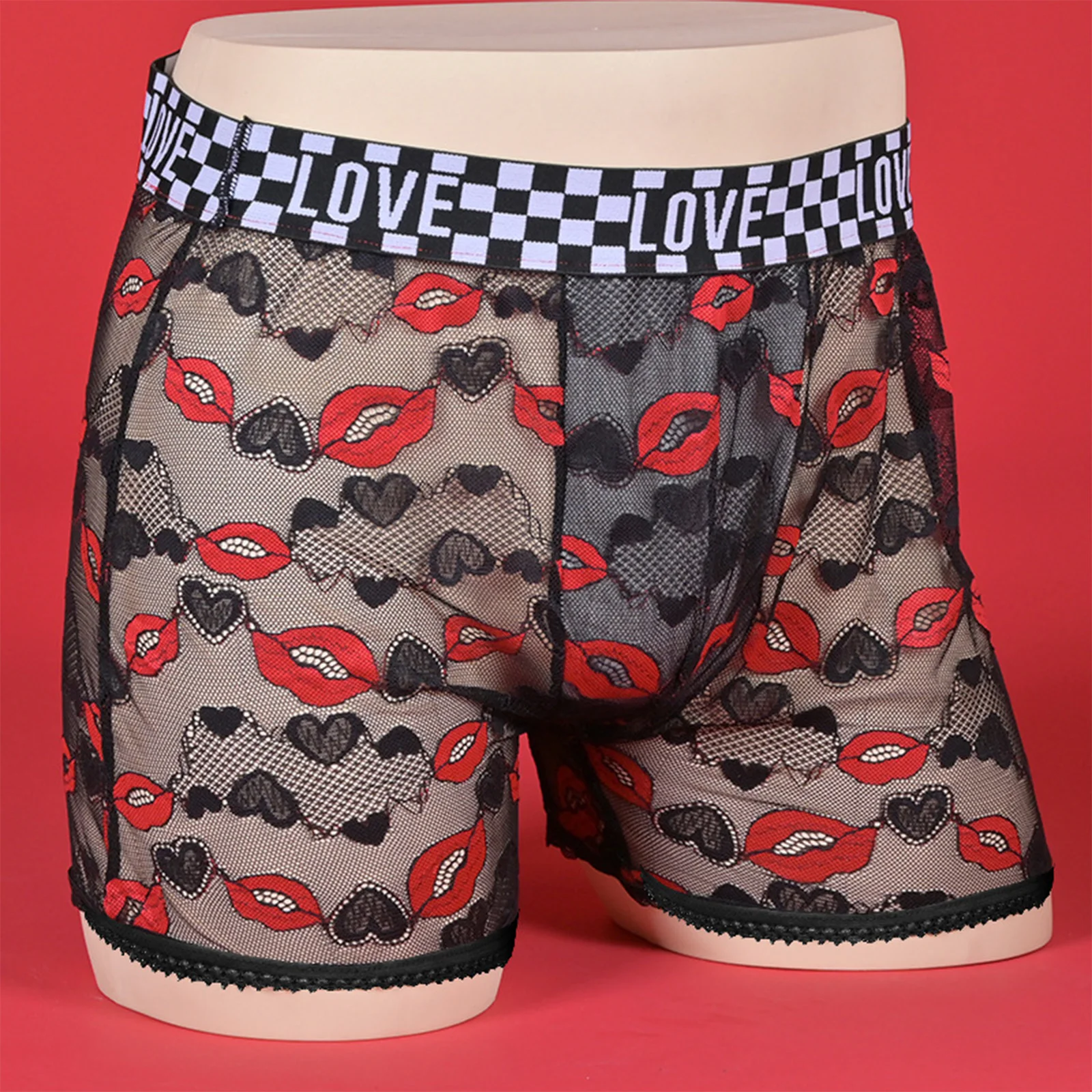 رجل مثير انظر من خلال الملابس الداخلية الشفاه نمط الأزهار تفريغ الدانتيل سراويل بوكسر حزام مطاط الانتفاخ الحقيبة سراويل داخلية