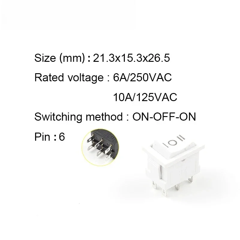 WZ-5PCS  Power Switch Boat 6Pin 21X15mm DPDT Black White Push Button rocker Switch KCD2 ON-OFF-ON ON-ON 6A/250VAC 10A/125VAC