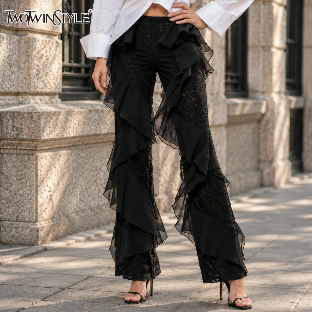 TWOTWINSTYLE Streetwear Chiffon Layered Ruffled Flared Pants for Women Elastic See Through Sheer Mesh Wide Leg Trousers Bottoms