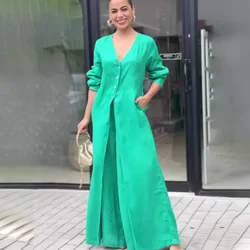 Women Jumpsuits Sexy Jumpsuit Solid Colour V Neck Buttons Streetwear Wide Leg Pants Loose Female 2024 Temperament Rompers