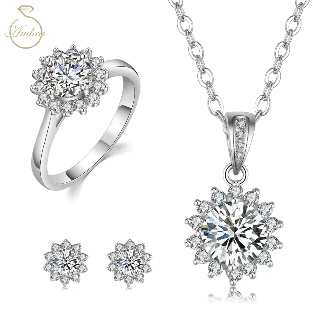 

Ambra Moissanite Jewelry Set Bridesmaid Bridal Silver Diamond 1CT Women Ring Earrings and Sterling Elegant Pendant Necklace