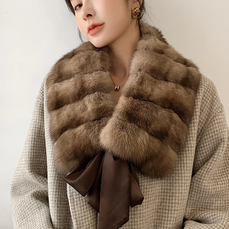 Natural Real Sable Fur Scarf Women Winter Fashion Female Genuine Fur Collar Mink Fur Knitted Women\'s Neck Warmer Fur Scarf Shawl