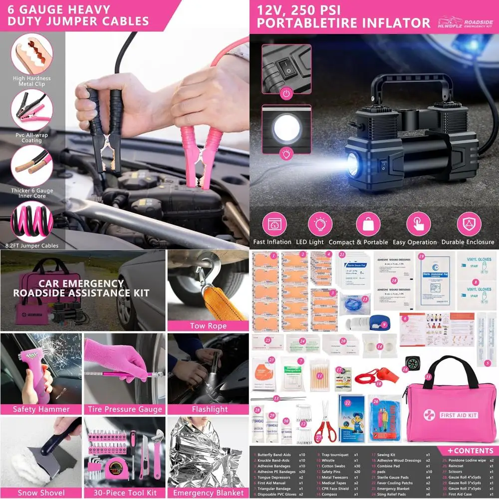 

Car Emergency Kit with Portable Air Compressor - Roadside Assistance Emergency Kit with Jumper Cables, First Aid Kit, Auto Tool