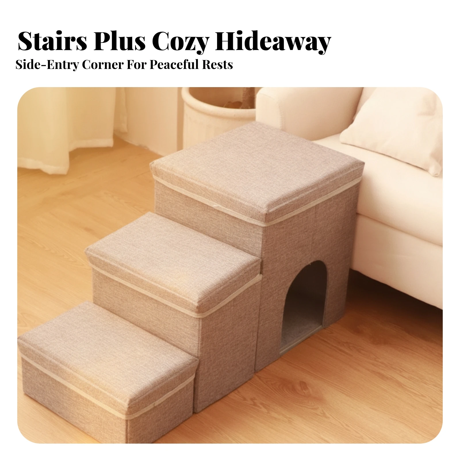 3-Step Pet Stairs Soft Pet Steps with Den Dog Stairs with Condo Space-Saving Indoor for Small Dogs, Sofa, Bed