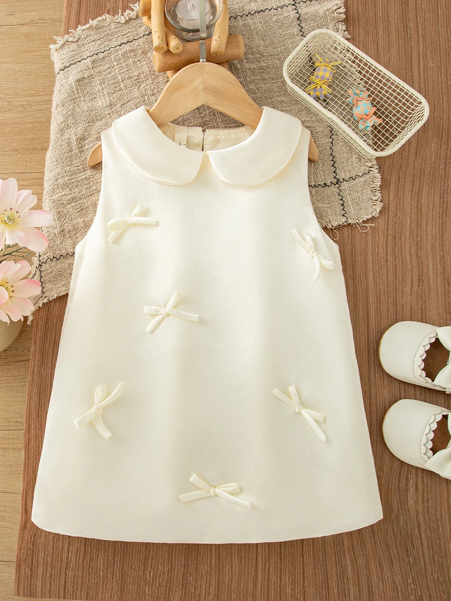 Vestido Estilo Princesa Branco com Laço para Meninas, Nova Moda de Verão, Vestido Infantil Delicado, Vestido de Uma Peça Princesa