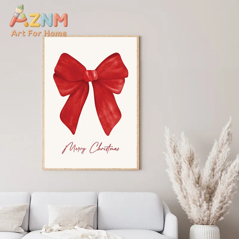 Merry Christmas Red Bow Trendy Guest Check Typography Poster Print Canvas Painting Holiday Wall Home Decor Cuadros