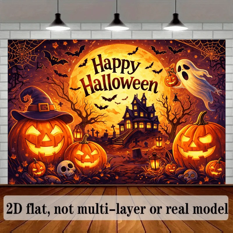 1 unidad, temática de Halloween, luna llena naranja de gran tamaño, fantasmas blancos flotantes, sombrero de mago morado, casa embrujada de estilo gótico, árboles marchitos, lápidas, grupos de murciélagos y telarañas. Ideal para las celebraciones de Halloween, tanto en interiores como en exteriores.