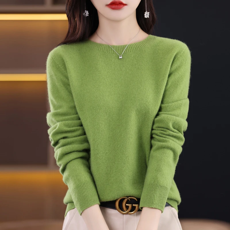 One-Line Ready-To-Wear Merino 100 Pure Woolen Sweater Women\'s O Neck Long Sleeved Fashionable Autumn Winter Knitted Bottom Shirt