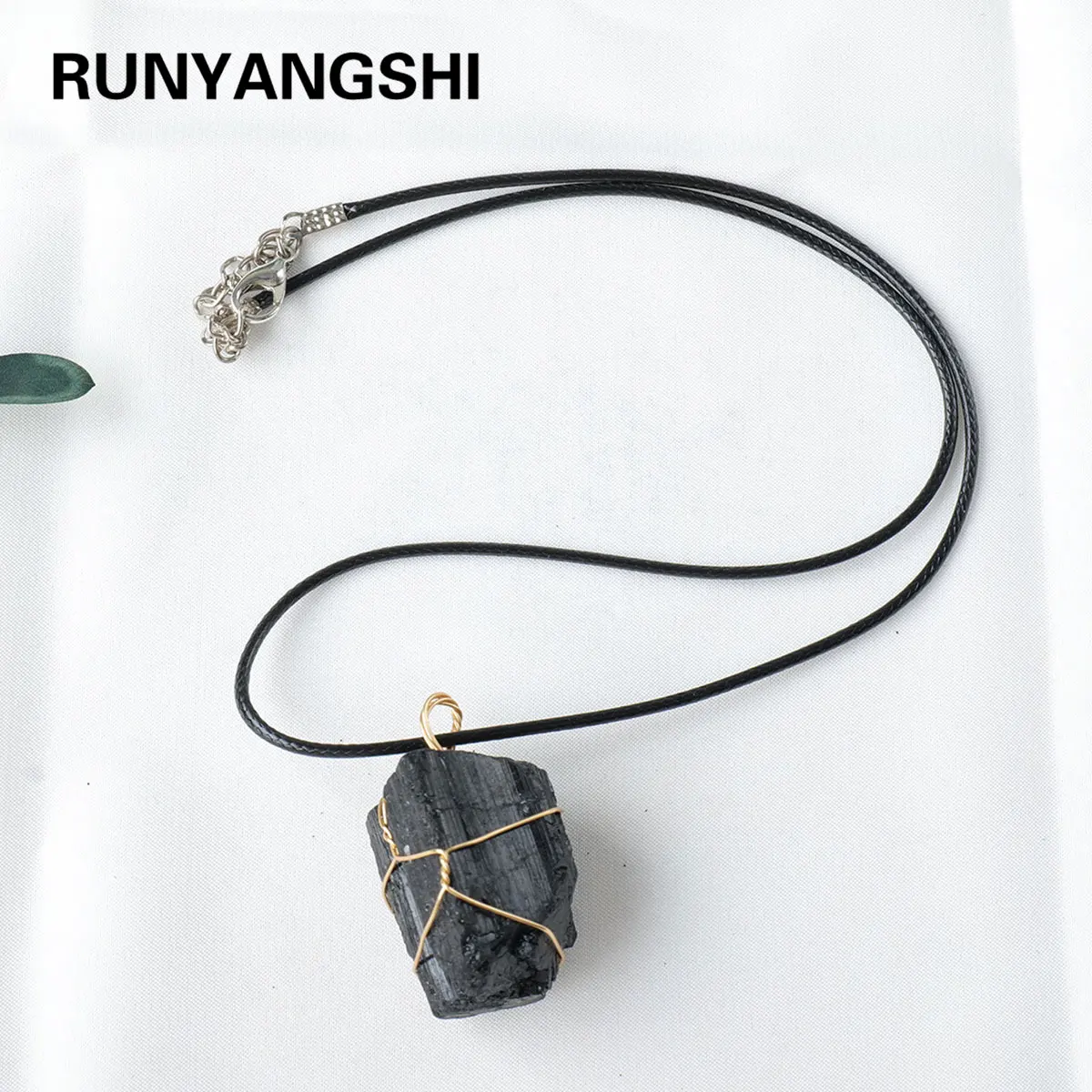 1PC Natural Crystal Black Tourmaline Raw Stone Unpolished Jet Stone Net Wrapping Wire Pendant Necklace For Men's Gifts