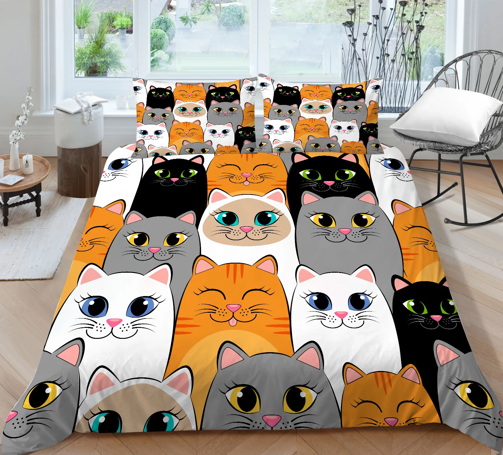 Cat Duvet Cover King/Queen Size Colorful Lovely Cartoon Kitty Comforter Cover For Kids Girls Boys Orange Bedding Set