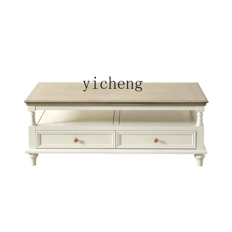 Tqh White Cream Style Solid Wood Tea Table Retro Living Room Household Small Apartment Furniture