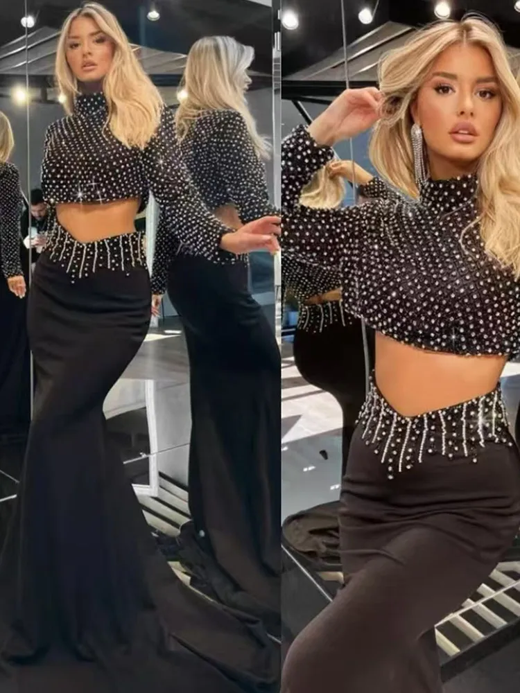 

Women Sexy Long Sleeve Pearl Black Maxi Long Two Pieces Skirt Bandage Set 2025 Celebrity Designer Fashion Women's Set
