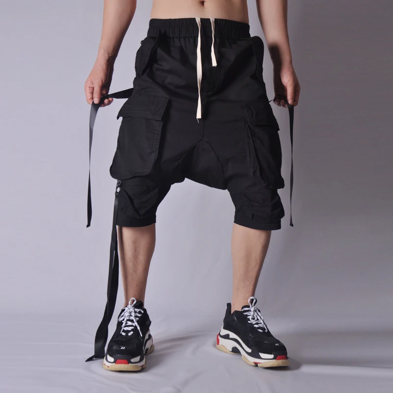 Dark Techwear Loose five-point Haren Pants With Ribbon Capris men's Straddles multi-pocket Cargo Shorts