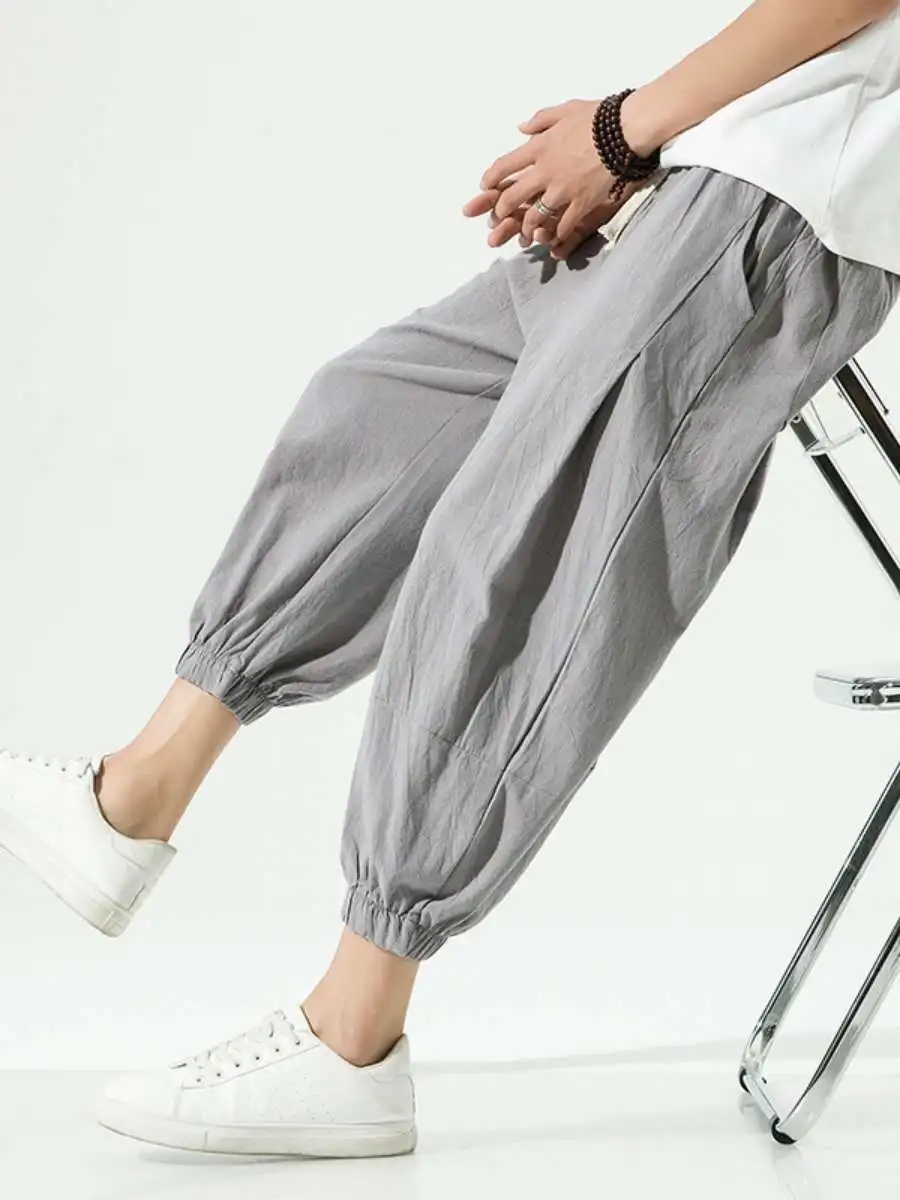 

Casual Style Men's Linen Sports Loose Cotton-Linen Cuffed Pants Spring Summer Harem Straight Leg Men's Trousers