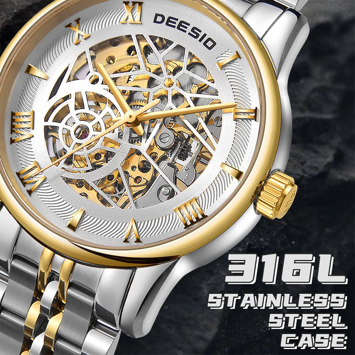 Deesio Mens Automatic Movement Skeleton Watch Luxury Business Stainless Steel Mechanical Wristwatch Water Resistant Watch Y2k