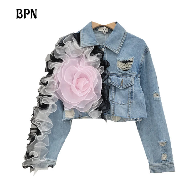 

BPN Hit Color Casual Short Jackets For Women Lapel Long Sleeveless Spliced Mesh Chic Tide Denim Coats Female Fashion Style New