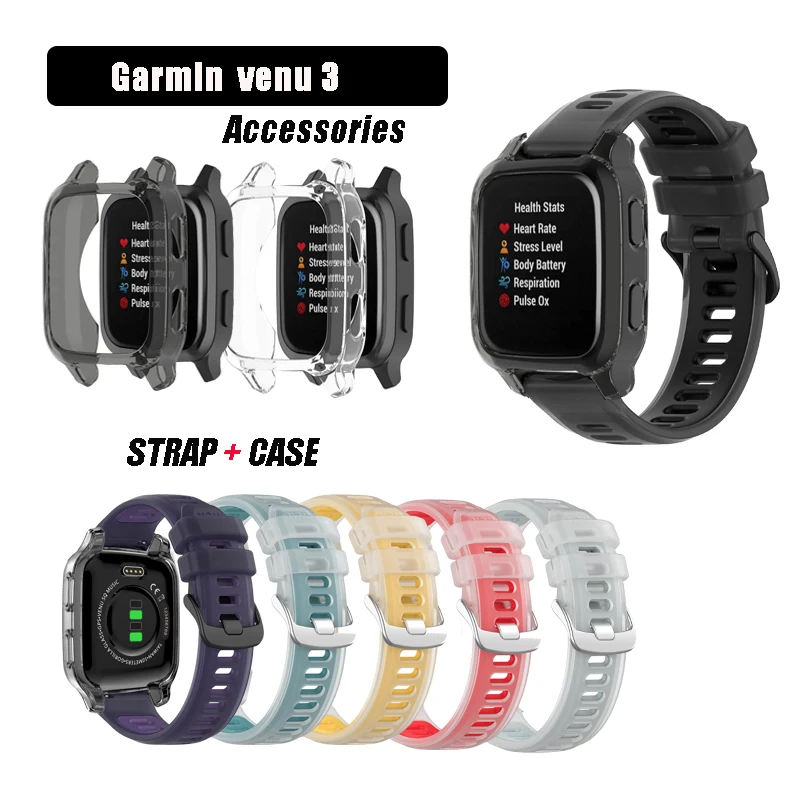 

[Transparent Case+Watch Strap] Jelly Color Strap for Garmin Venu SQ / SQ 2 Spare Strap Silicone Strap
