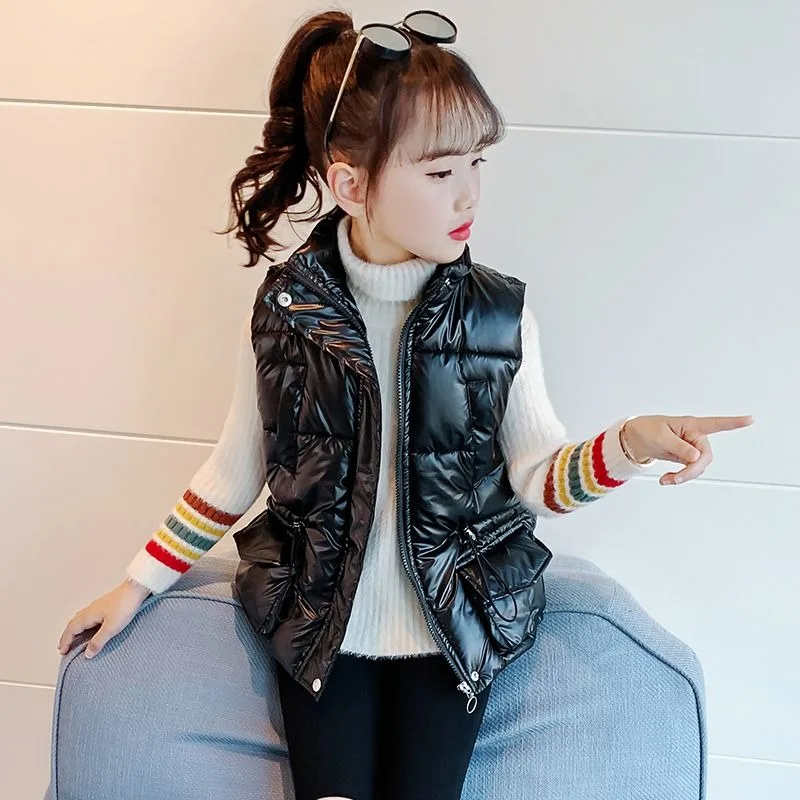 Girls' 2025 Winter Thermal Insulated Cotton Vest Plus Size Warm Denim Cotton Jacket with Glossy Finish Easy Care Kids Outerwear