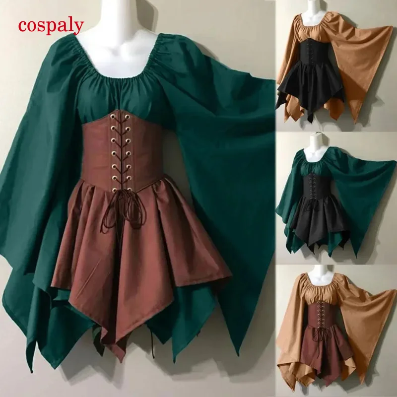 A Adult Women Medieval Elf Fairy Elven S-5XL Costume Wench Celtic Princess Dress Lace Up Waist Cincher Corset Set Jagged Dresses