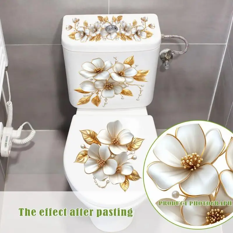 Keine Kleberückstände, Goldperlen-Blumen-Toilettenaufkleber, wasserdicht, selbstklebend, luxuriöser Aufkleber für die Badezimmerrenovierung – Detail 6