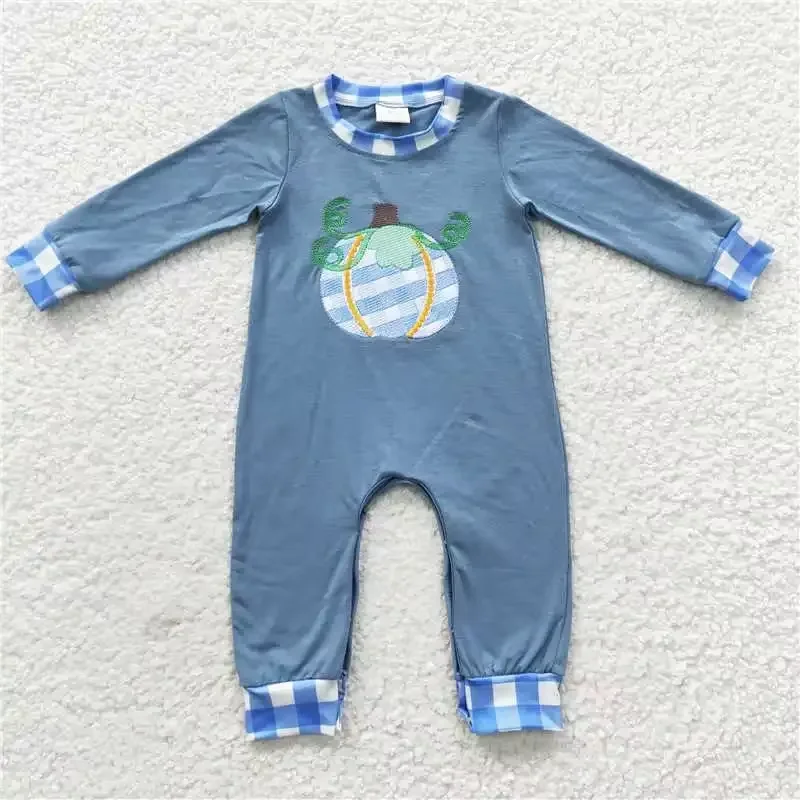 

Toddler Autumn Boys and Girls Clothing Blue White Stripe Pumpkin Embroidery Outfit Children Long Sleeve Pants Set