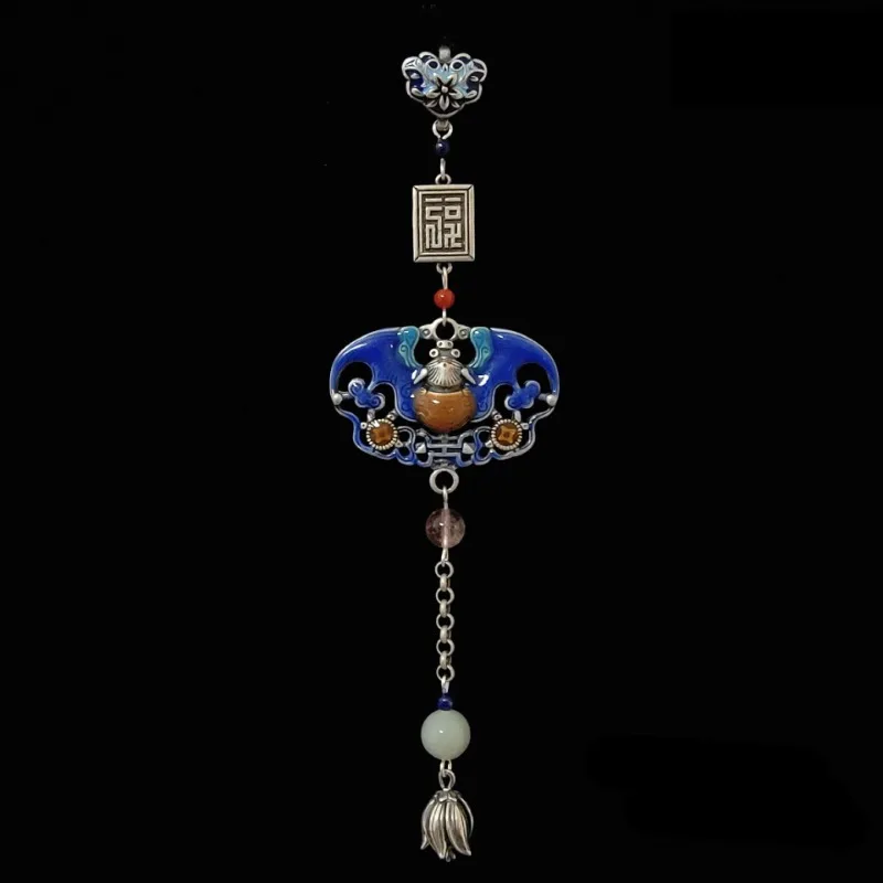 

Original Classical 925 Silver Blue Enamel Ethnic Style Accessories Exquisite Hollowed Out Long Button Pendant Jewelry