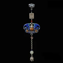 Original Classical 925 Silver Blue Enamel Ethnic Style Accessories Exquisite Hollowed Out Long Button Pendant Jewelry