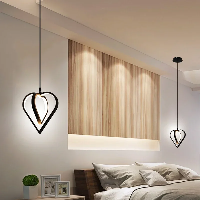 Bedroom Bedside LED Pendant Light Heart-Shaped Wedding Room Hanging Lamp Bar Foyer Black Luminaire Suspension Hanging Lights