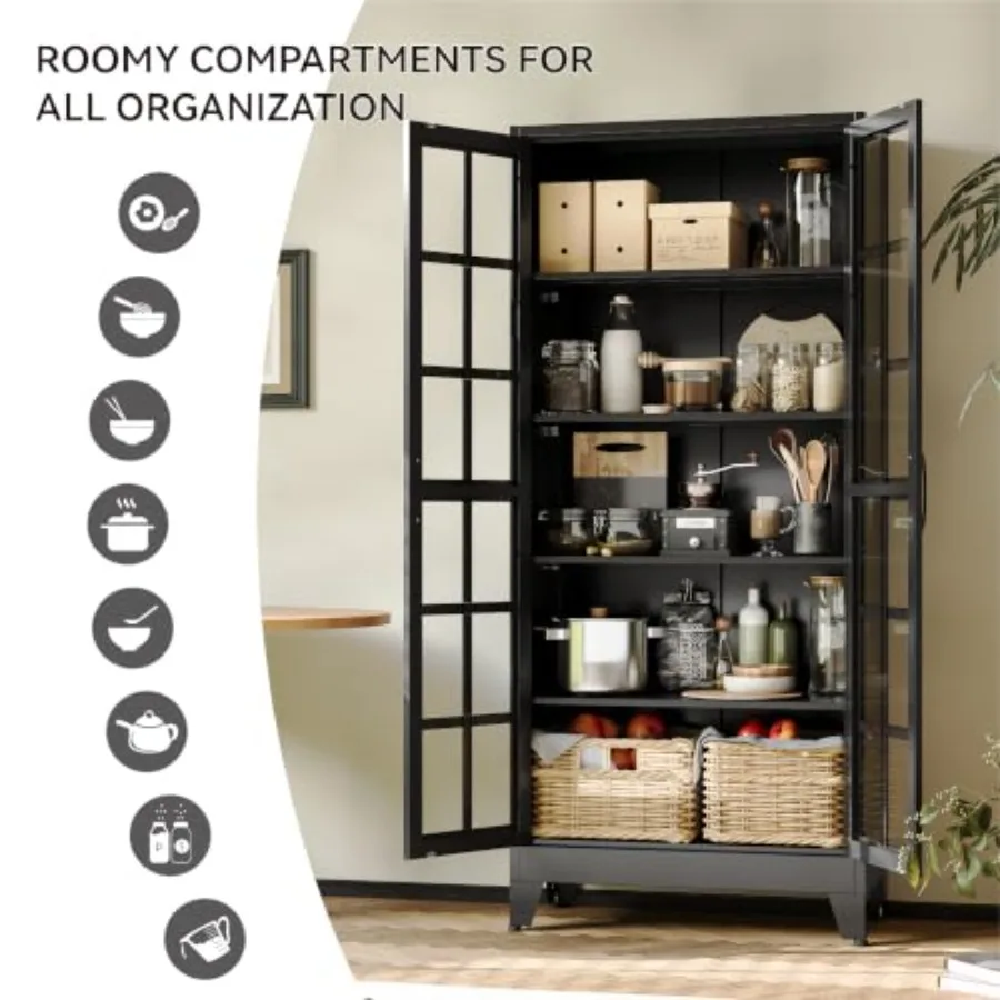 71 Metal Pantry Cabinet with Glass Doors for Living Room, Steel, Black, Adjustable Shelves and Soft-Close Doors view 6