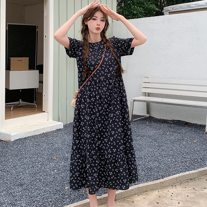 

korean style Round Neck Women's vintage Floral print Dress Summer Short Sleeve Elegant loose Dress Fashion Beach Long Dresses