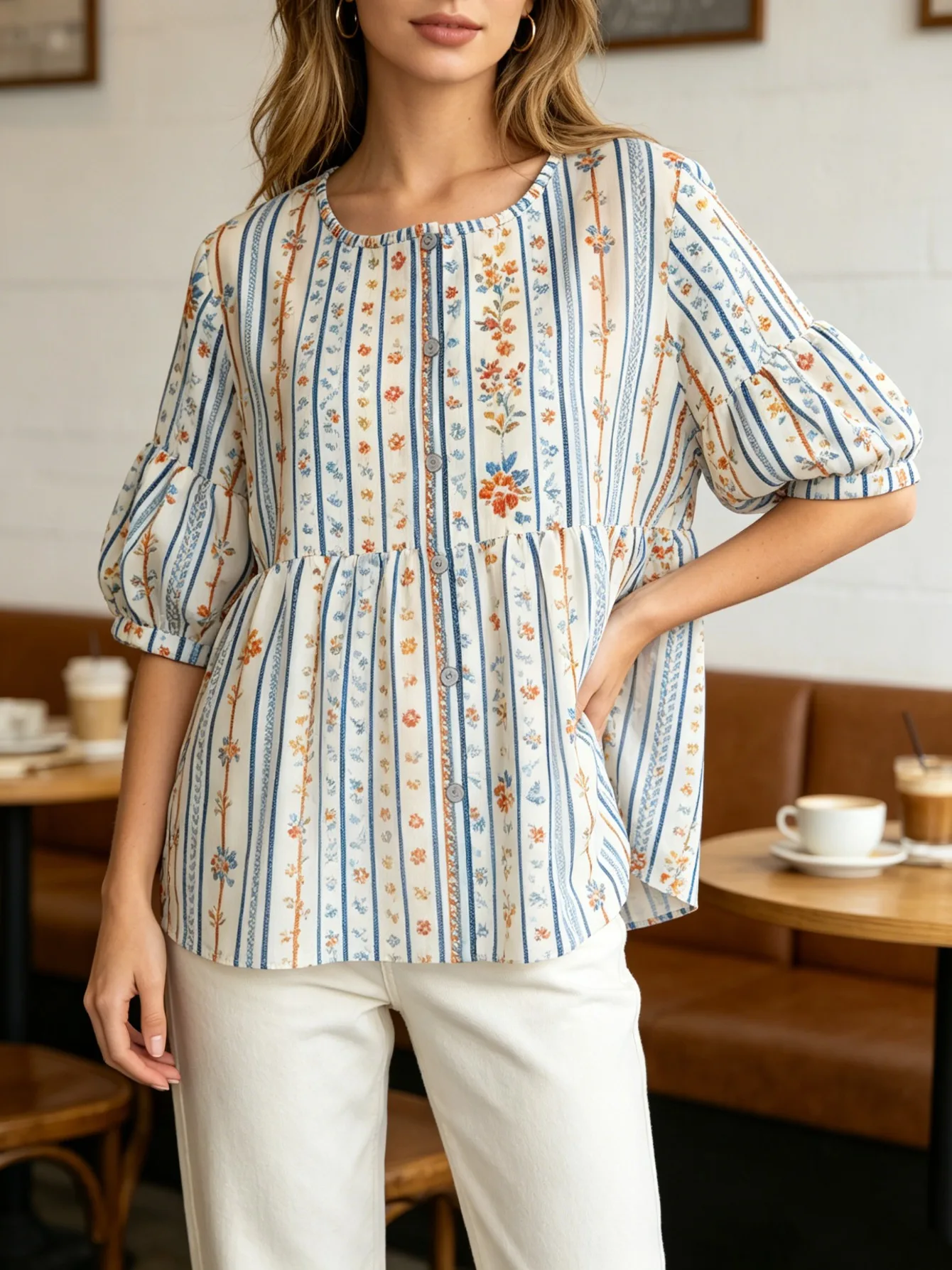 Oversized Loose Striped Babydoll Shirt for Women Crew Neck Button Short Puff Sleeve Lightweight Comfort Blouse