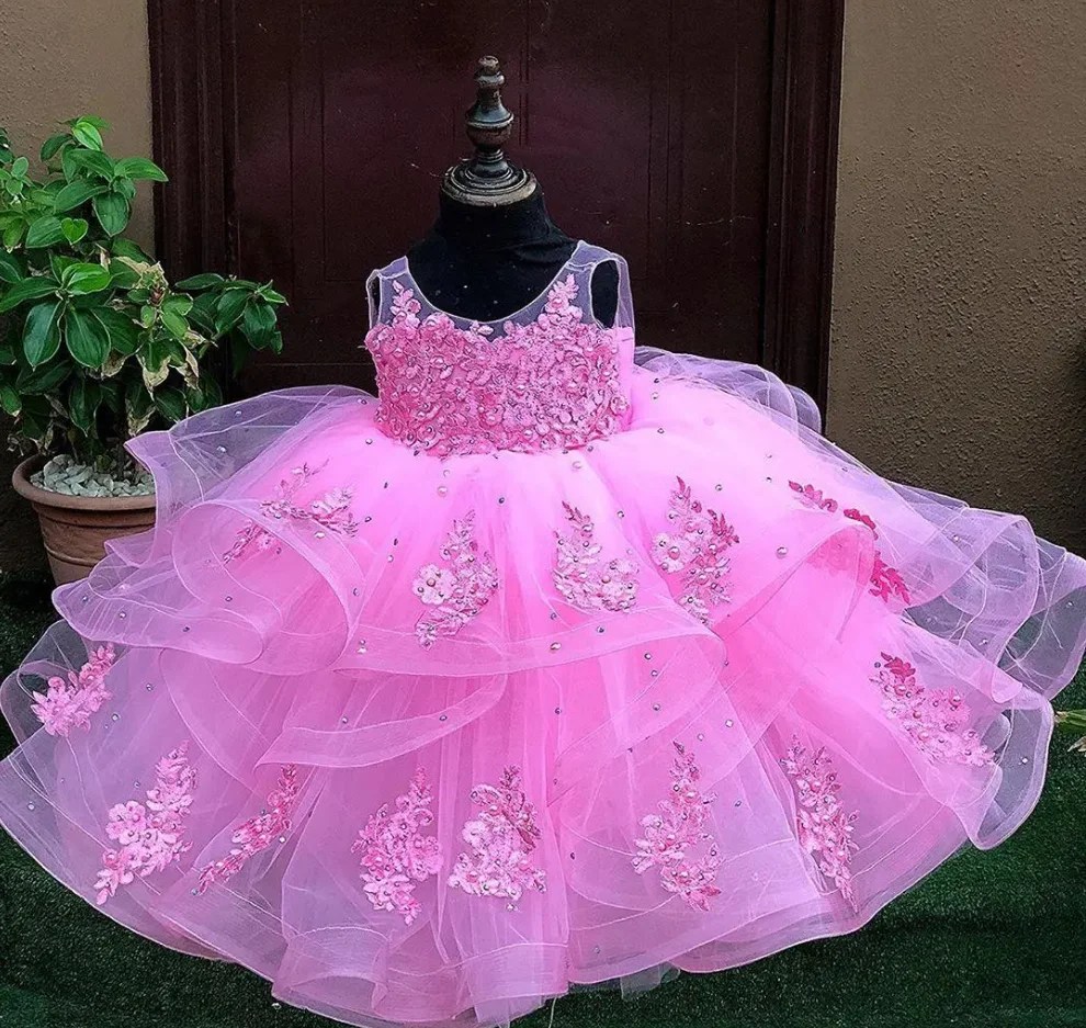 

Lovely Pink Lace Flower Girl Dresses Sheer O Neck Little Princess Birthday Dresses Communion Pageant Dresses Gowns