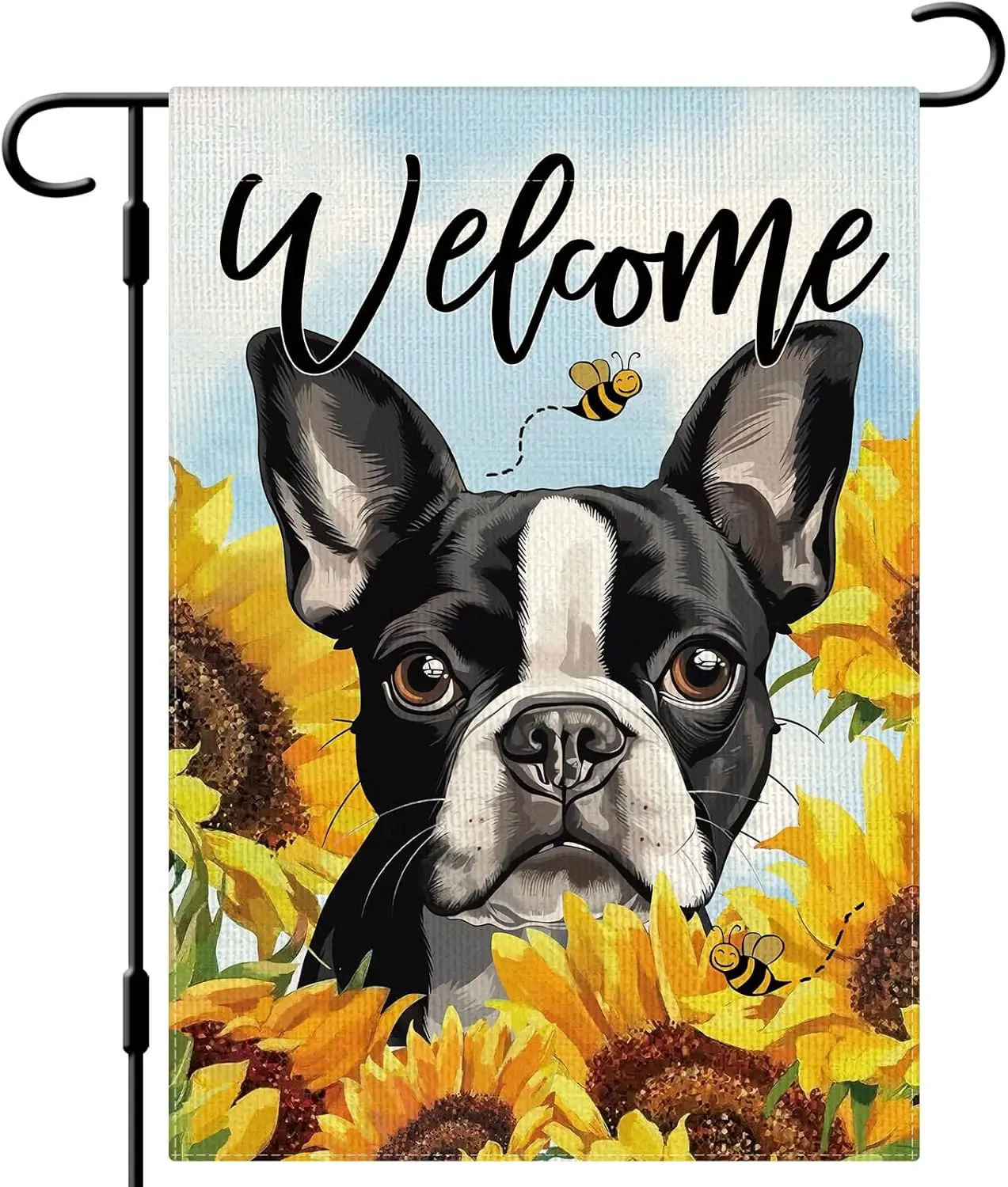 DLZDN Welcome Sunflower Boston Terrier Dog Garden Flag 12×18 Inch Double Side Vertical Burlap Farmhouse Yard Sign Spring Sum ZZM
