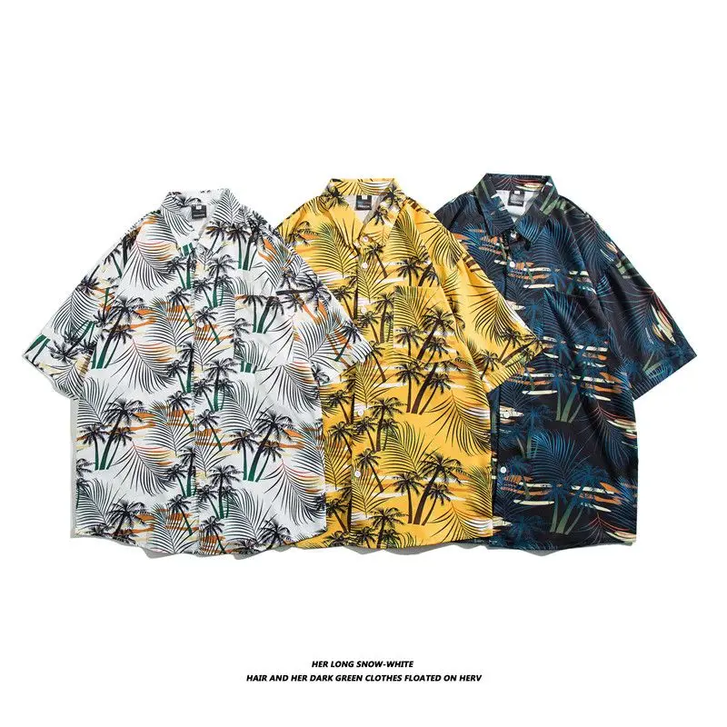 

Летняя винтажная рубашка с цветочным принтом для мужчин, стильная гавайская рубашка для пар, тонкая, дышащая, из полиэстера, свободного кроя...