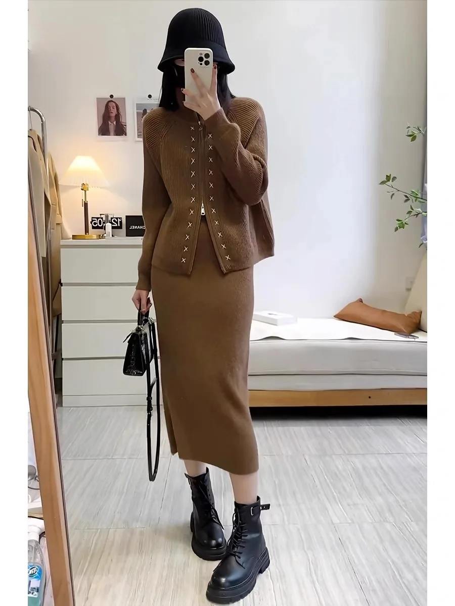 New Elegant Knitted Skirt Sets Women Autumn Winter High End Long Sleeve Stand Collar Zipper Cardigan Coat + Skirt Two Piece Set