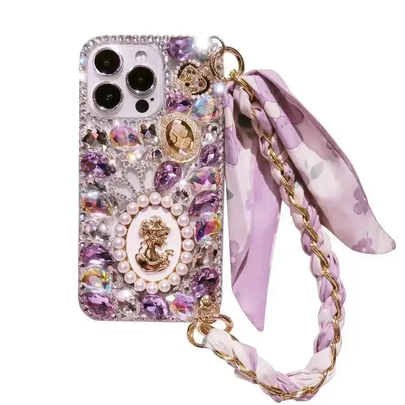 Bling Ribbon Cord Diamond Case For Samsung GalaxyS24 S25 S20 Plus S21 FE S22 23Ultra Note20 10 Rhinestone Cover Lanyard Fundas