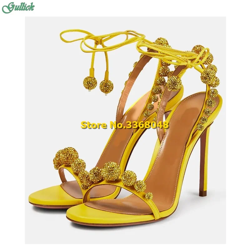 Sparkle Crystal Ball Lace Up Sandals Stiletto Thin High Heel Yellow Orange Open Toe Strap Fashion 2024 New Arrivals Shoes