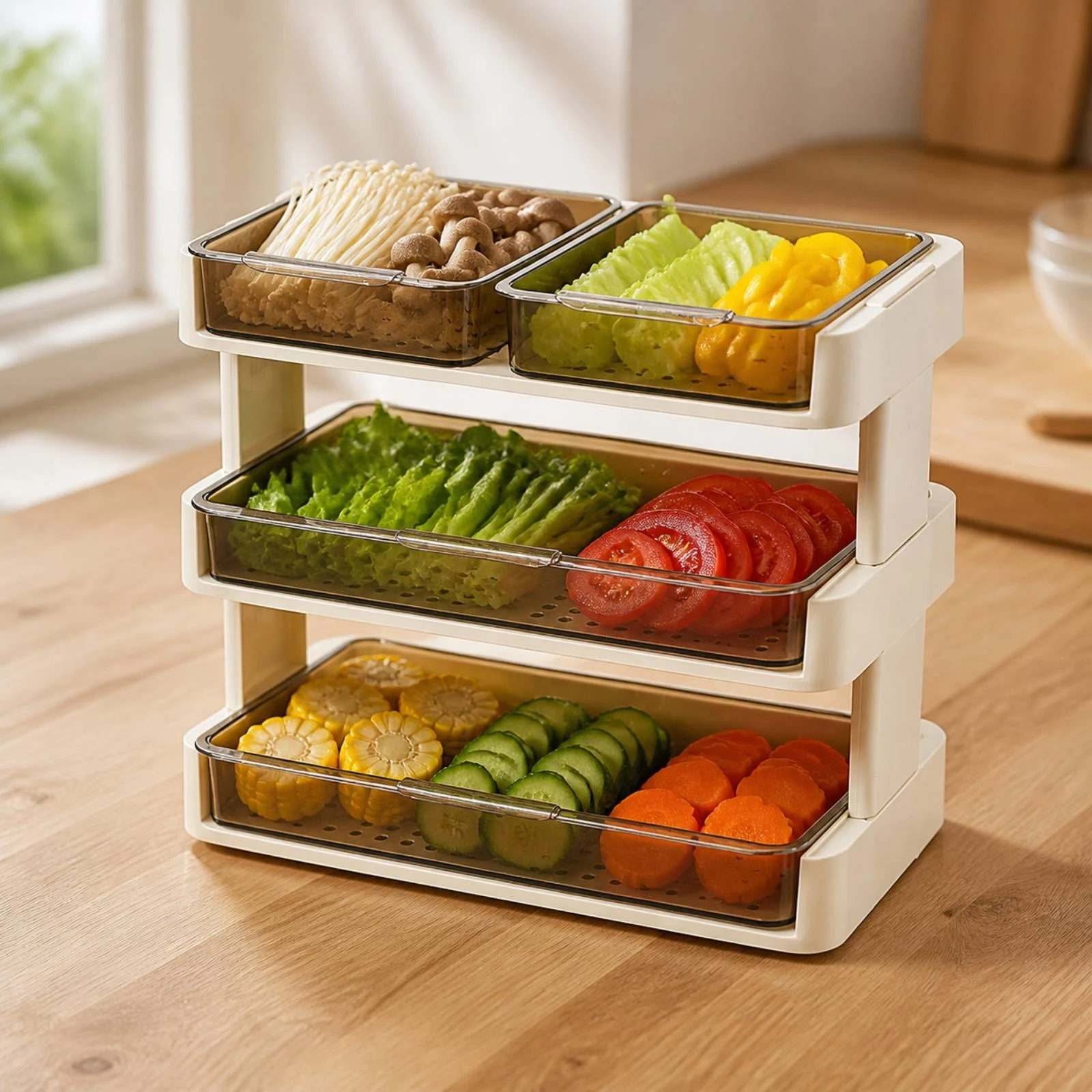 Kitchen Organizer with Perforated Trays Freestanding Countertop Rotating Prep Rack Revolving Storage Shelf Easy to Clean
