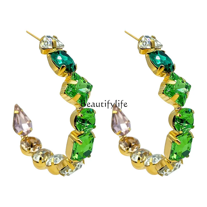 

European and American exaggerated diamond-encrusted emerald big earrings C-shaped light luxury high-end earrings