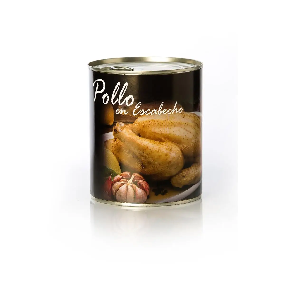 Pollo en Escabeche  En lata estuchada con abre-fácil. Peso Neto: 750gr.