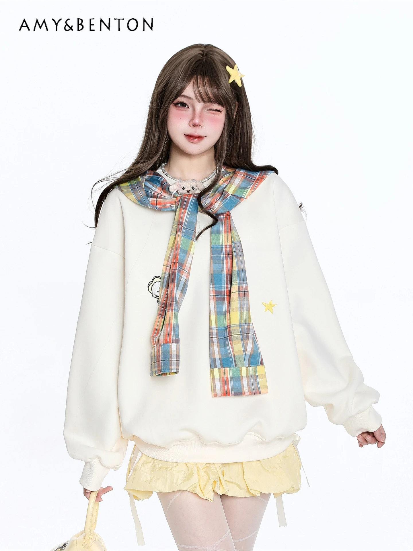 

Spring and Autumn New Sweet Cartoon Embroidery Round Neck Apricot Sweatshirt Korean Style Loose Blue and White Shawl Top