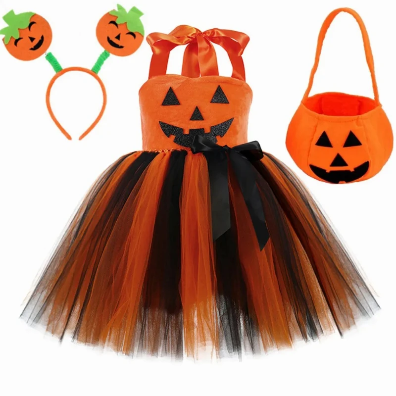 Girls Halloween Pumpkin Costume Girls Fluffy Orange Tulle Tutu Dress for Girls Toddler Fancy Carnival Party Dress Up Clothes Set