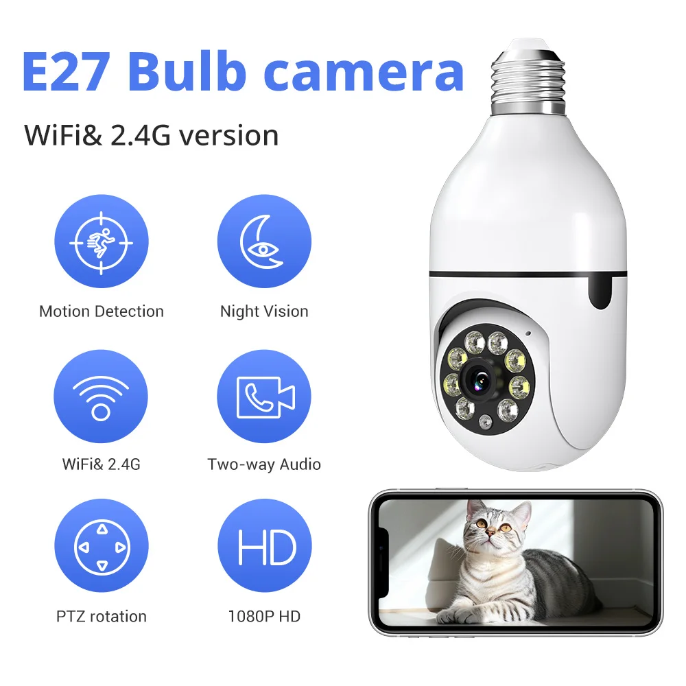 

1PC Ease Life App 1080P Light Bulb Security Camera Indoor Outdoor Wireless WiFi Color Night Vision Motion Detection Camera