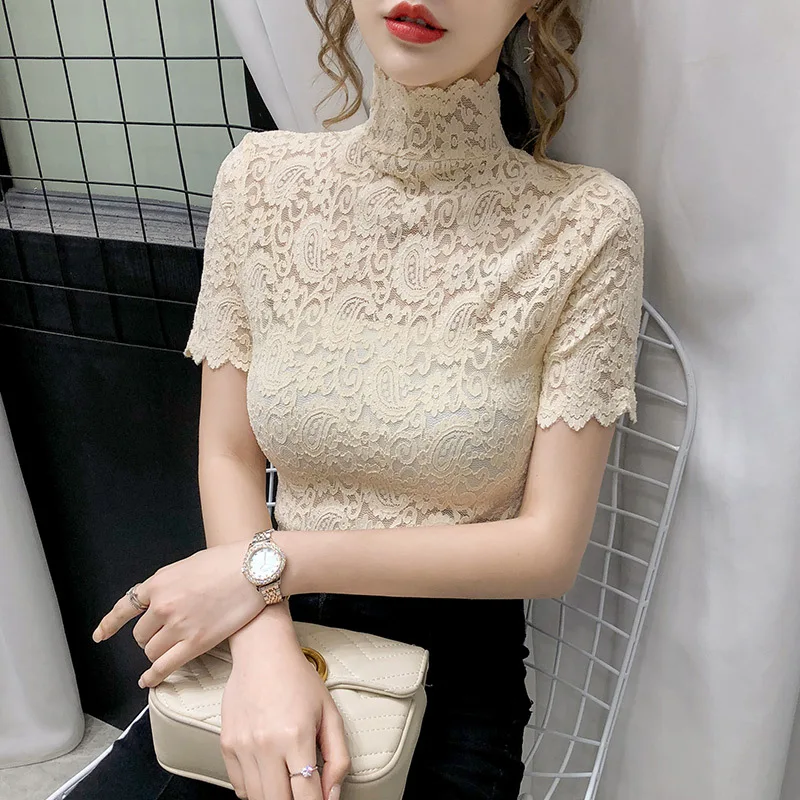 Half High Neckline Lace Bottom Sweater Women's Summer Wear 2024 New Western-Style Small Shirt With Short