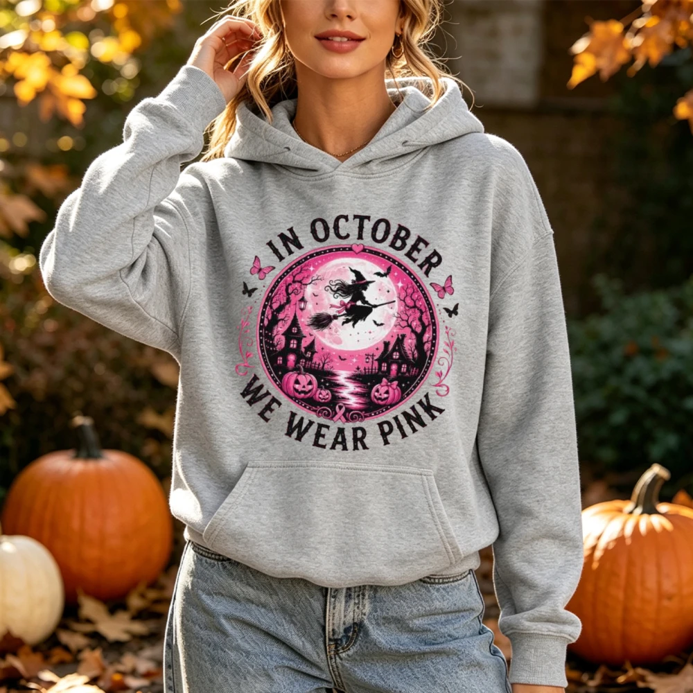 In October We Wear Pink Print Hoodie Halloween Witch Graphic Pullover Pink Ribbon Survivor Support Long Sleeve Blouse Hoodies