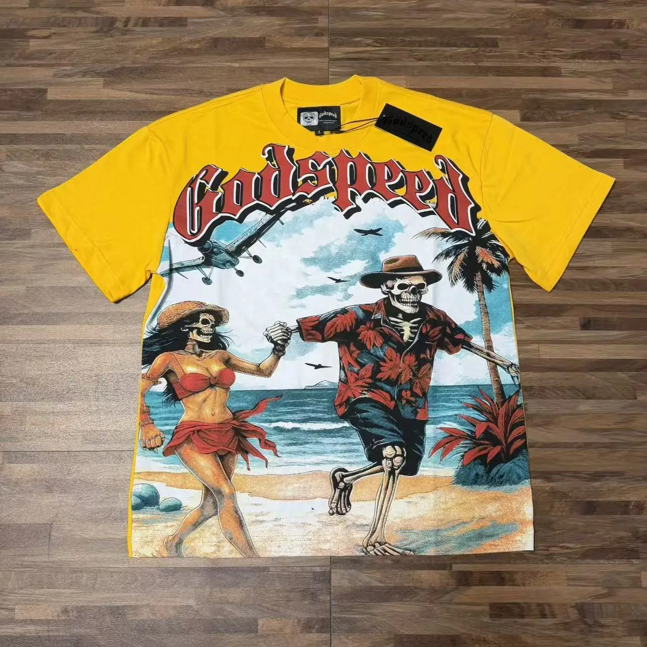 Godspeed American Style Beach Skull Print T-Shirt Cotton Short Sleeve Retro High Street Trendy Couple's Casual Loose Fit Tee