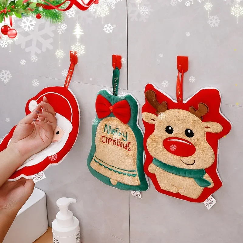 Cute Christmas Hanging Towel For Baby, Coral Fleece Quick-drying Fingertip Towel for Kids, Soft Towel With Hanging Loop