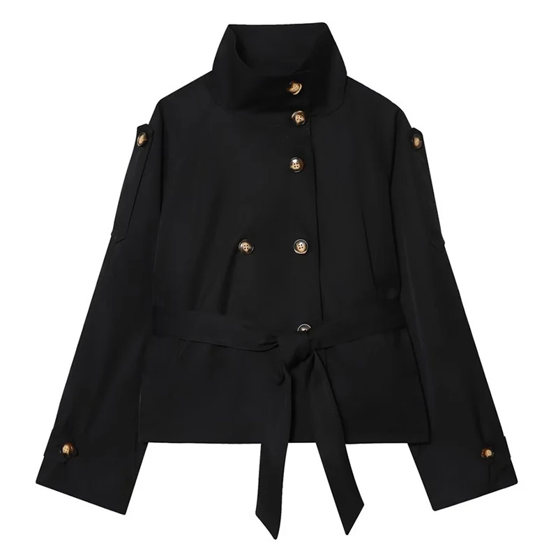 Stehkragen Kurzen Graben Mantel Frauen Mode Zweireiher Schärpen Crop Windjacke Frau High Street Langarm Jacke