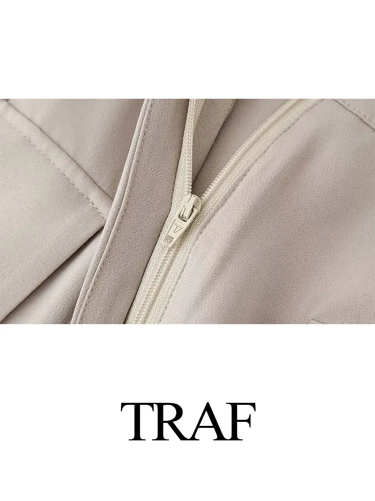 TRAF 2024 Spring Women Fashion 2 Piece Sets Solid Beige O Neck Slim Short Vest Top + Button Versatile Skirts Female Streetwear