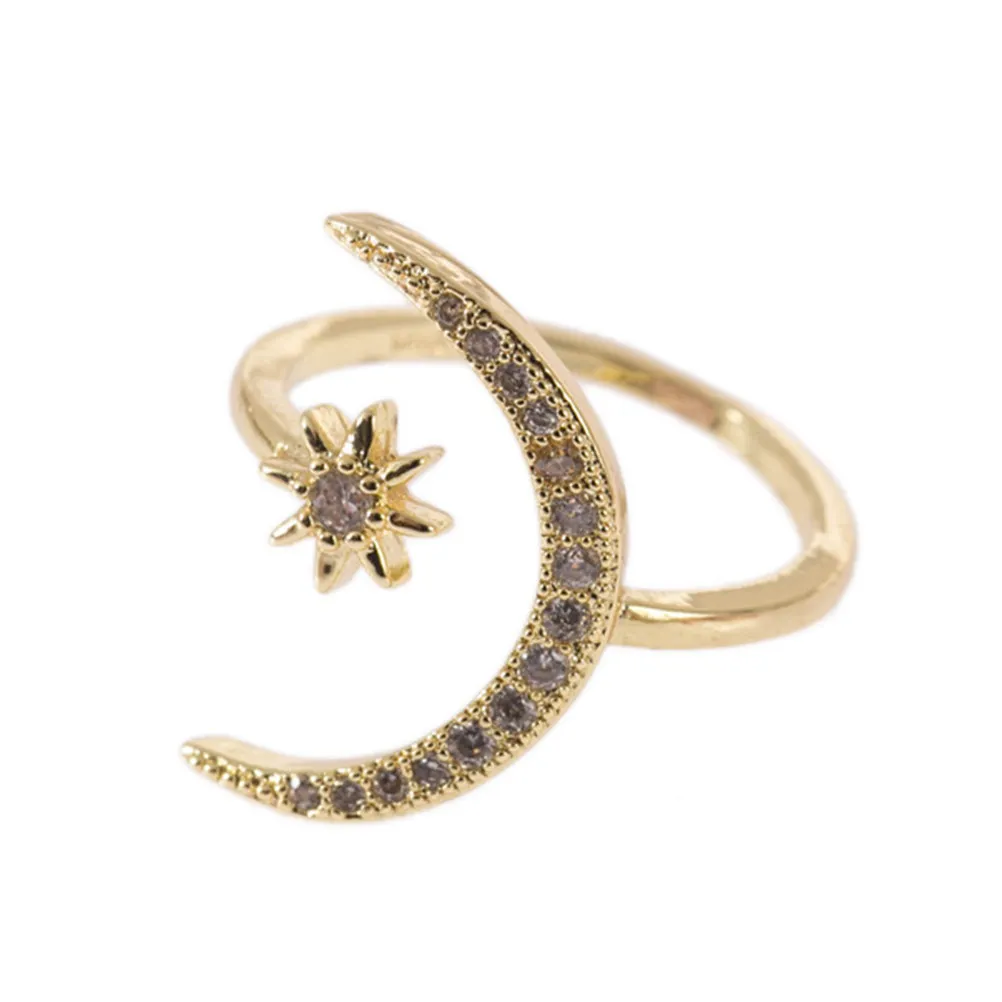 Star and Crescent Moon Open Finger Ring Women Exquisite Creative Design Smooth Shiny Gold Tone Ring for Parties Anniversaries